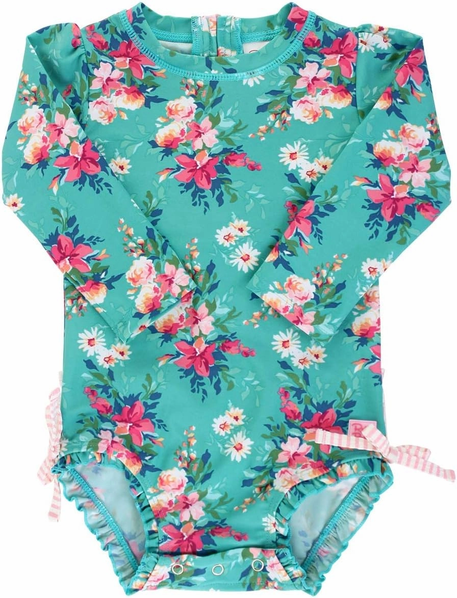 RuffleButts Baby Girls UPF 50  Sun Protection Floral Printed Long Sleeve One Piece Rash Guard Swimsuit with Zipper