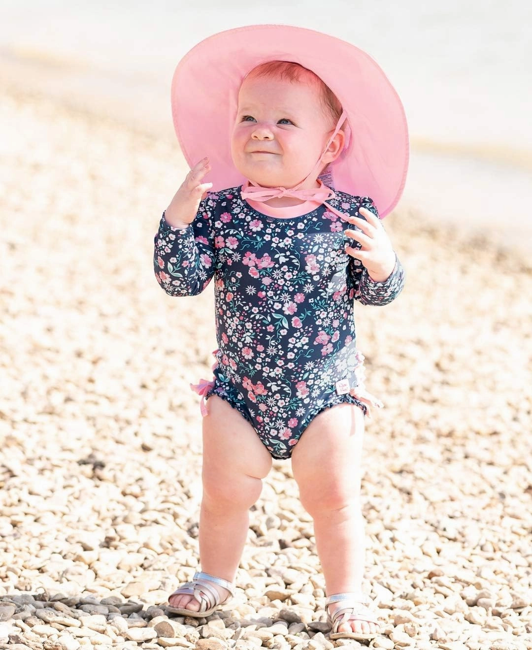 RuffleButts Baby Girls UPF 50  Sun Protection Floral Printed Long Sleeve One Piece Rash Guard Swimsuit with Zipper