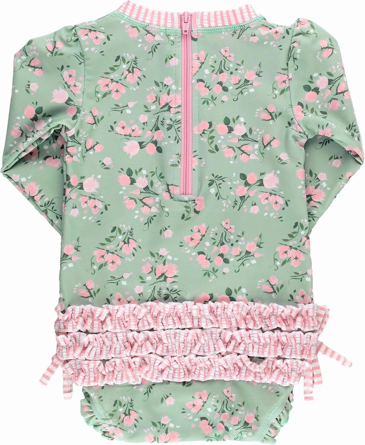 RuffleButts Baby Girls UPF 50  Sun Protection Floral Printed Long Sleeve One Piece Rash Guard Swimsuit with Zipper
