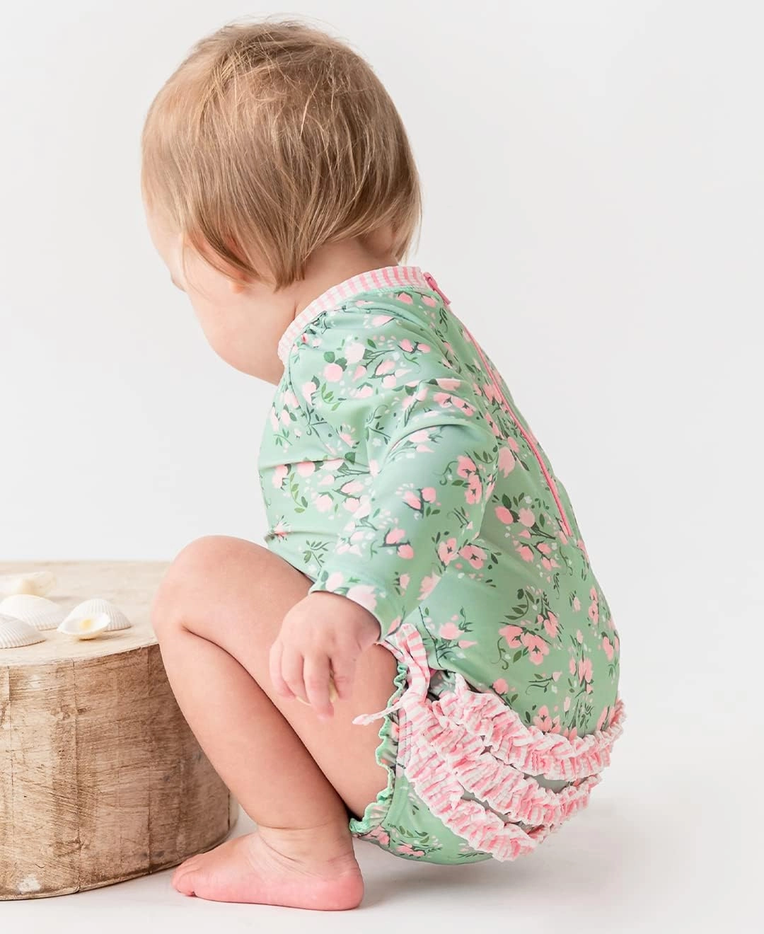RuffleButts Baby Girls UPF 50  Sun Protection Floral Printed Long Sleeve One Piece Rash Guard Swimsuit with Zipper