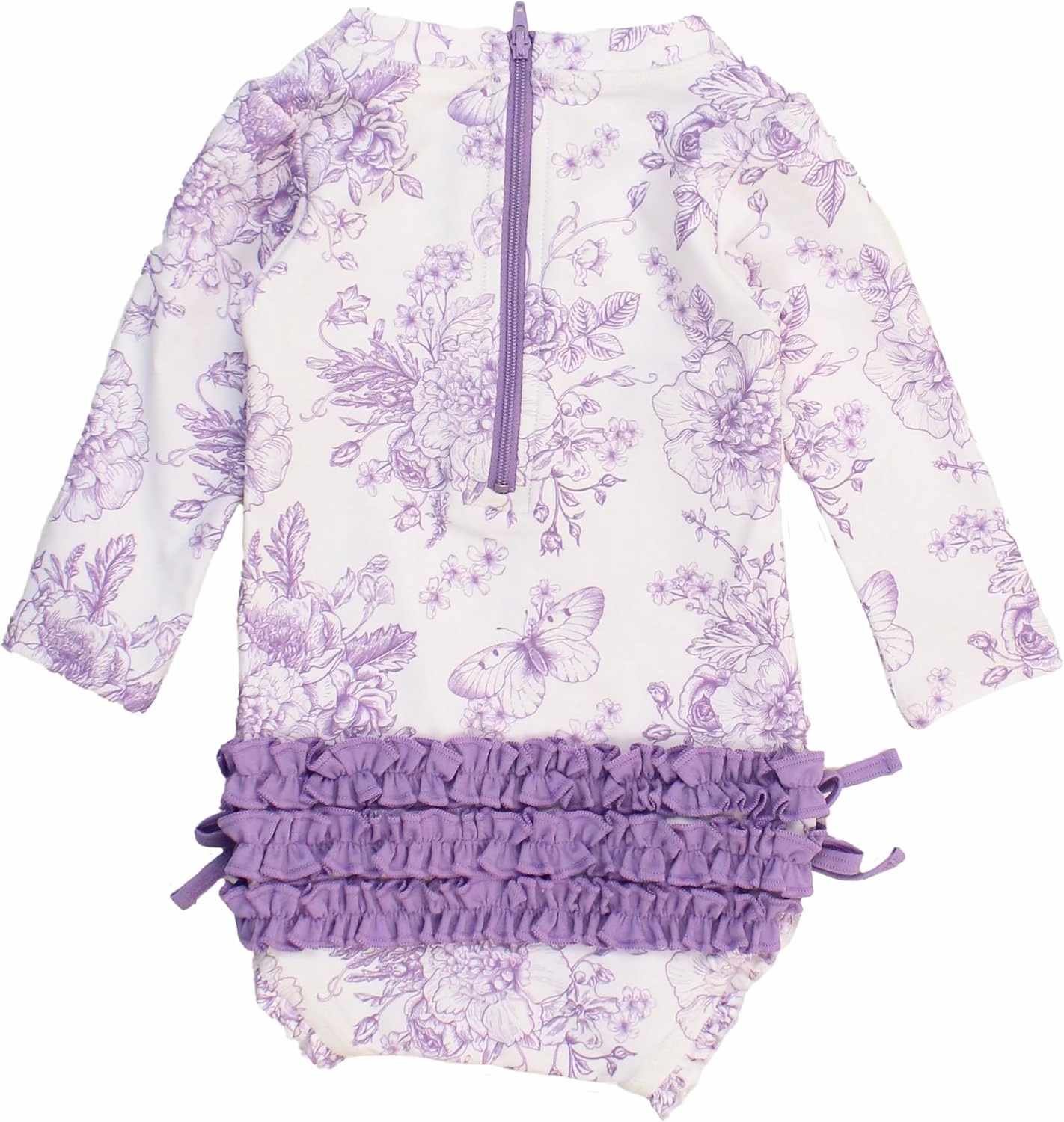 RuffleButts Baby Girls UPF 50  Sun Protection Floral Printed Long Sleeve One Piece Rash Guard Swimsuit with Zipper