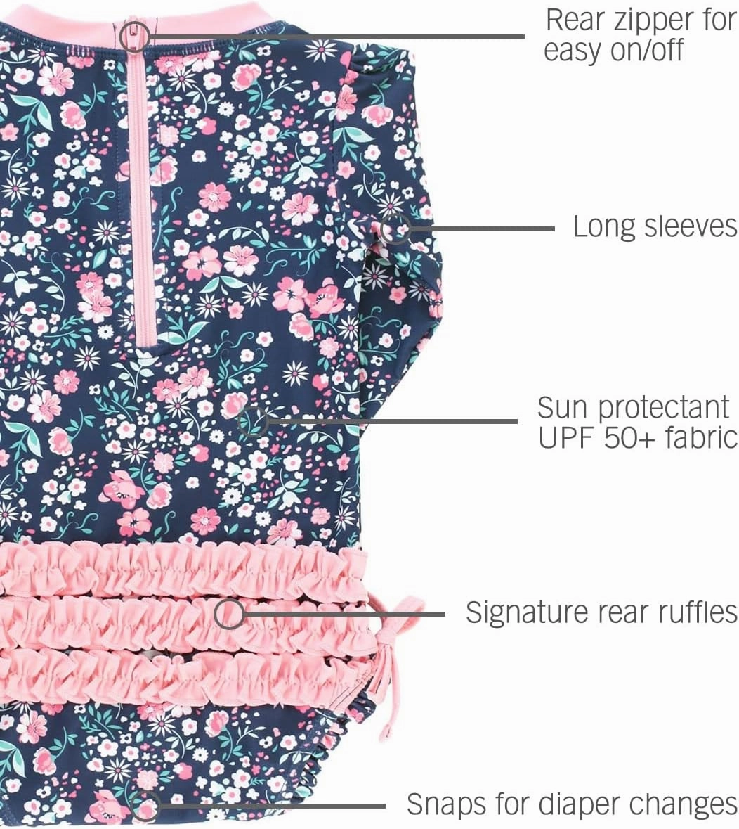 RuffleButts Baby Girls UPF 50  Sun Protection Floral Printed Long Sleeve One Piece Rash Guard Swimsuit with Zipper