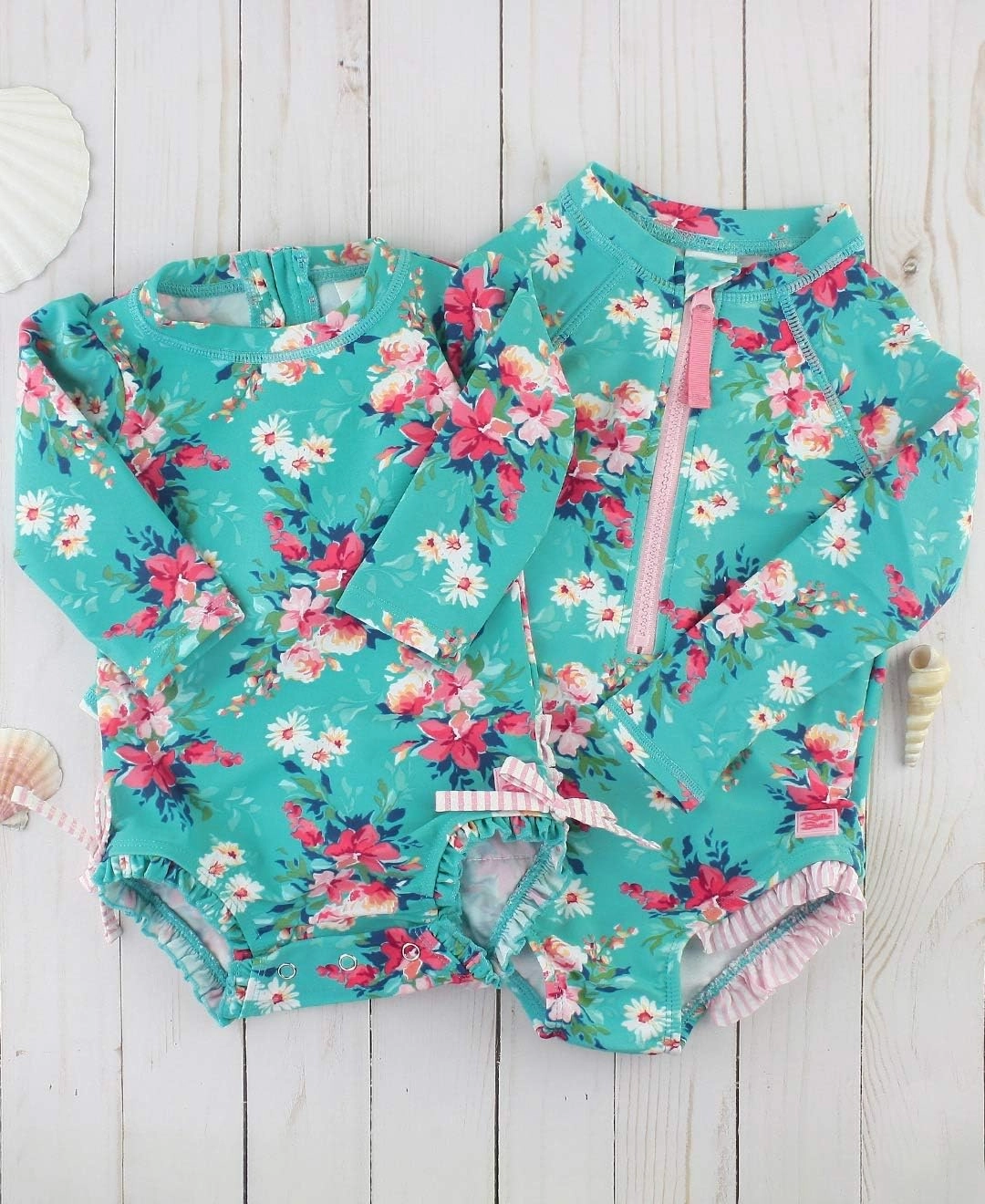 RuffleButts Baby Girls UPF 50  Sun Protection Floral Printed Long Sleeve One Piece Rash Guard Swimsuit with Zipper
