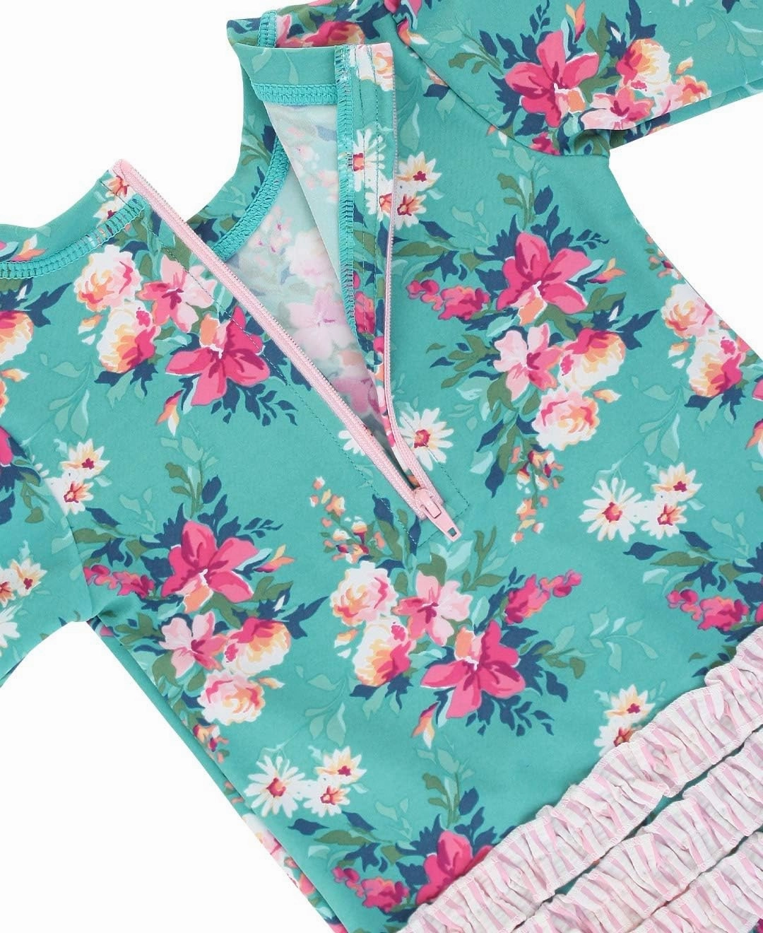 RuffleButts Baby Girls UPF 50  Sun Protection Floral Printed Long Sleeve One Piece Rash Guard Swimsuit with Zipper