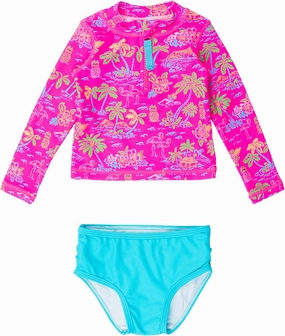RuffleButts? Baby/Toddler Girls Long Sleeve Rash Guard 2 Piece Swimsuit Set w/UPF 50  Sun Protection with Zipper