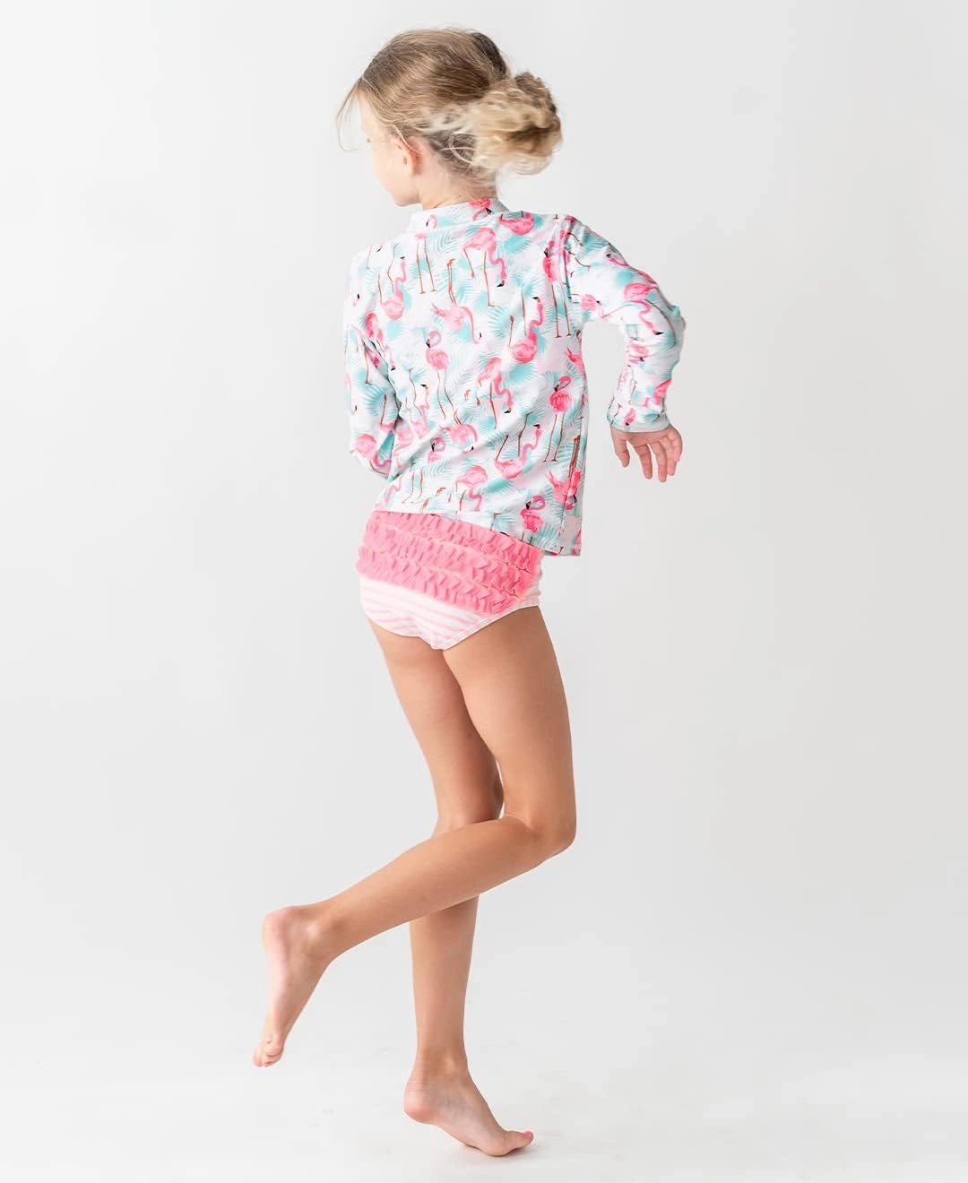 RuffleButts? Baby/Toddler Girls Long Sleeve Rash Guard 2 Piece Swimsuit Set w/UPF 50  Sun Protection with Zipper