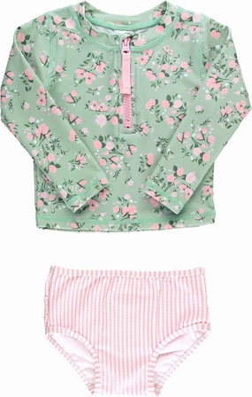 RuffleButts? Baby/Toddler Girls Long Sleeve Rash Guard 2 Piece Swimsuit Set w/UPF 50  Sun Protection with Zipper