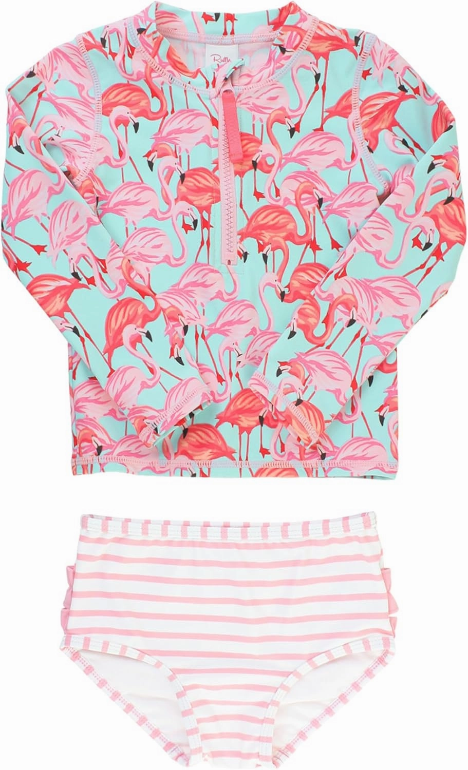 RuffleButts? Baby/Toddler Girls Long Sleeve Rash Guard 2 Piece Swimsuit Set w/UPF 50  Sun Protection with Zipper