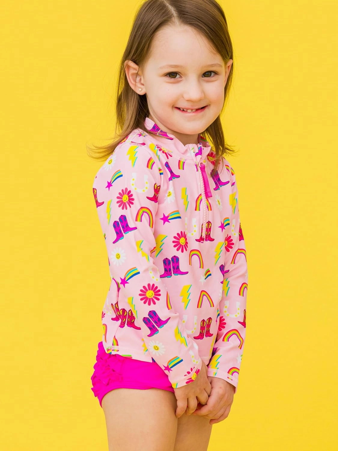 RuffleButts? Baby/Toddler Girls Long Sleeve Rash Guard 2 Piece Swimsuit Set w/UPF 50  Sun Protection with Zipper