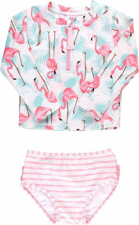 RuffleButts? Baby/Toddler Girls Long Sleeve Rash Guard 2 Piece Swimsuit Set w/UPF 50  Sun Protection with Zipper