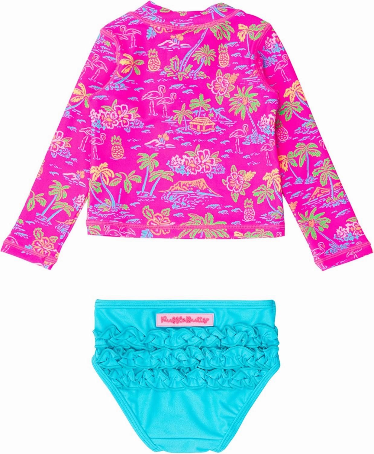 RuffleButts? Baby/Toddler Girls Long Sleeve Rash Guard 2 Piece Swimsuit Set w/UPF 50  Sun Protection with Zipper