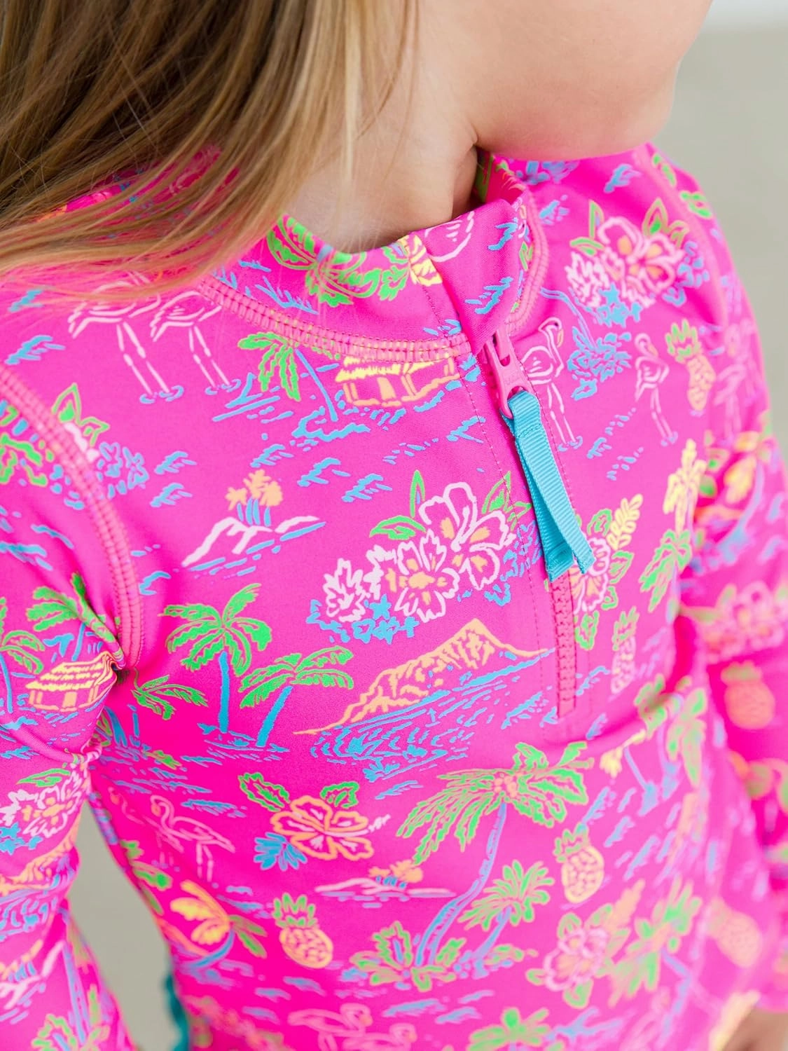 RuffleButts? Baby/Toddler Girls Long Sleeve Rash Guard 2 Piece Swimsuit Set w/UPF 50  Sun Protection with Zipper