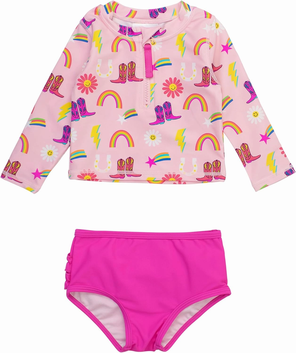 RuffleButts? Baby/Toddler Girls Long Sleeve Rash Guard 2 Piece Swimsuit Set w/UPF 50  Sun Protection with Zipper