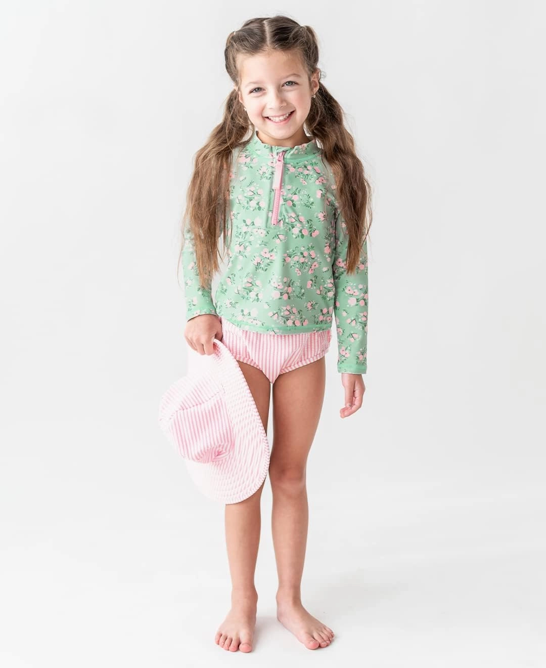 RuffleButts? Baby/Toddler Girls Long Sleeve Rash Guard 2 Piece Swimsuit Set w/UPF 50  Sun Protection with Zipper
