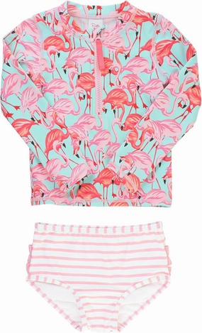 RuffleButts? Baby/Toddler Girls Long Sleeve Rash Guard 2 Piece Swimsuit Set w/UPF 50  Sun Protection with Zipper