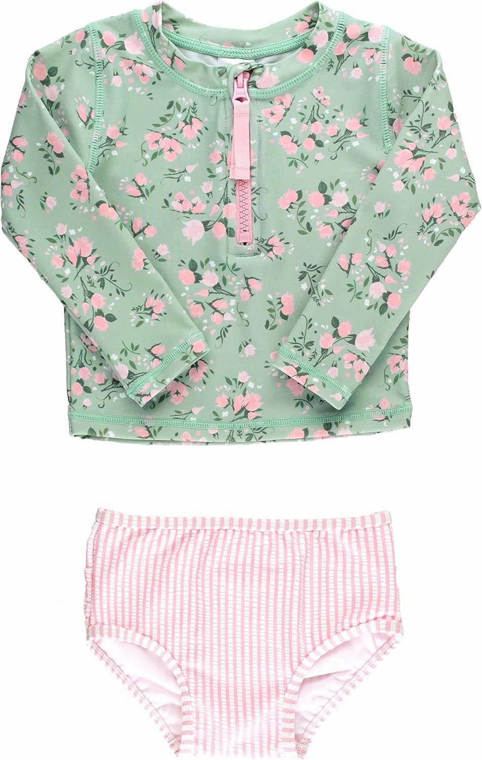 RuffleButts? Baby/Toddler Girls Long Sleeve Rash Guard 2 Piece Swimsuit Set w/UPF 50  Sun Protection with Zipper