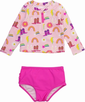 RuffleButts? Baby/Toddler Girls Long Sleeve Rash Guard 2 Piece Swimsuit Set w/UPF 50  Sun Protection with Zipper