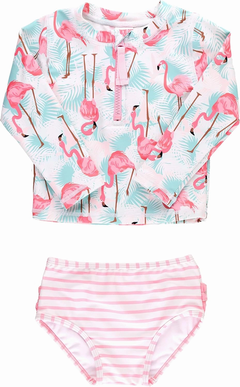 RuffleButts? Baby/Toddler Girls Long Sleeve Rash Guard 2 Piece Swimsuit Set w/UPF 50  Sun Protection with Zipper