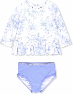 RuffleButts Baby/Toddler Girls Scalloped Long Sleeve Rash Guard 2-Piece UPF50  Sun Protected Swimsuit