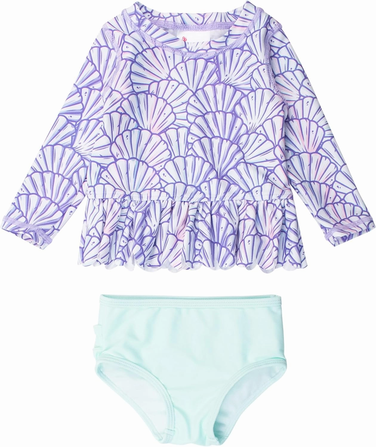 RuffleButts Baby/Toddler Girls Scalloped Long Sleeve Rash Guard 2-Piece UPF50  Sun Protected Swimsuit