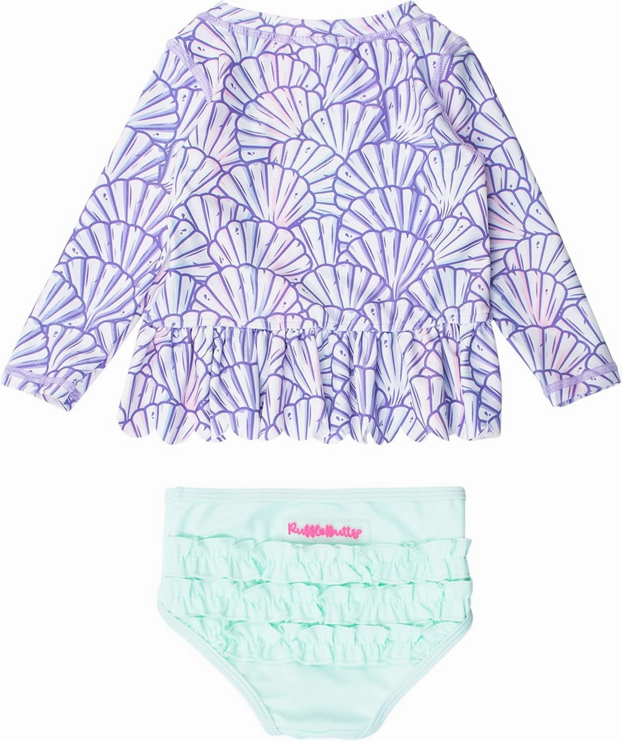 RuffleButts Baby/Toddler Girls Scalloped Long Sleeve Rash Guard 2-Piece UPF50  Sun Protected Swimsuit