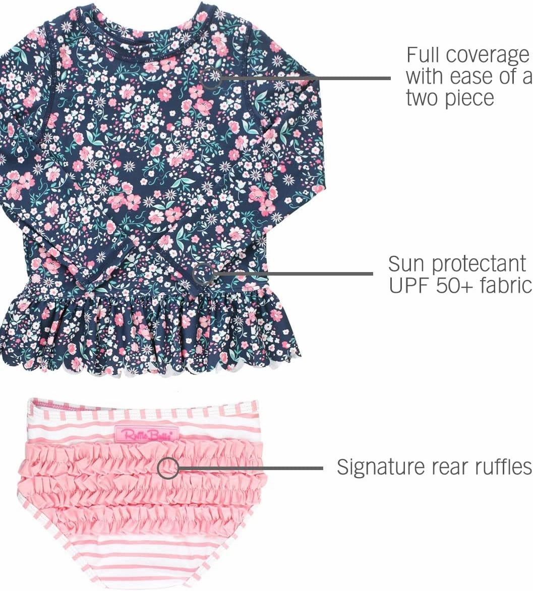 RuffleButts Baby/Toddler Girls Scalloped Long Sleeve Rash Guard 2-Piece UPF50  Sun Protected Swimsuit