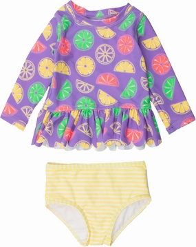 RuffleButts Baby/Toddler Girls Scalloped Long Sleeve Rash Guard 2-Piece UPF50  Sun Protected Swimsuit