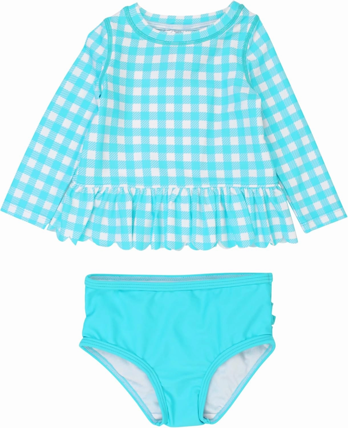 RuffleButts Baby/Toddler Girls Scalloped Long Sleeve Rash Guard 2-Piece UPF50  Sun Protected Swimsuit