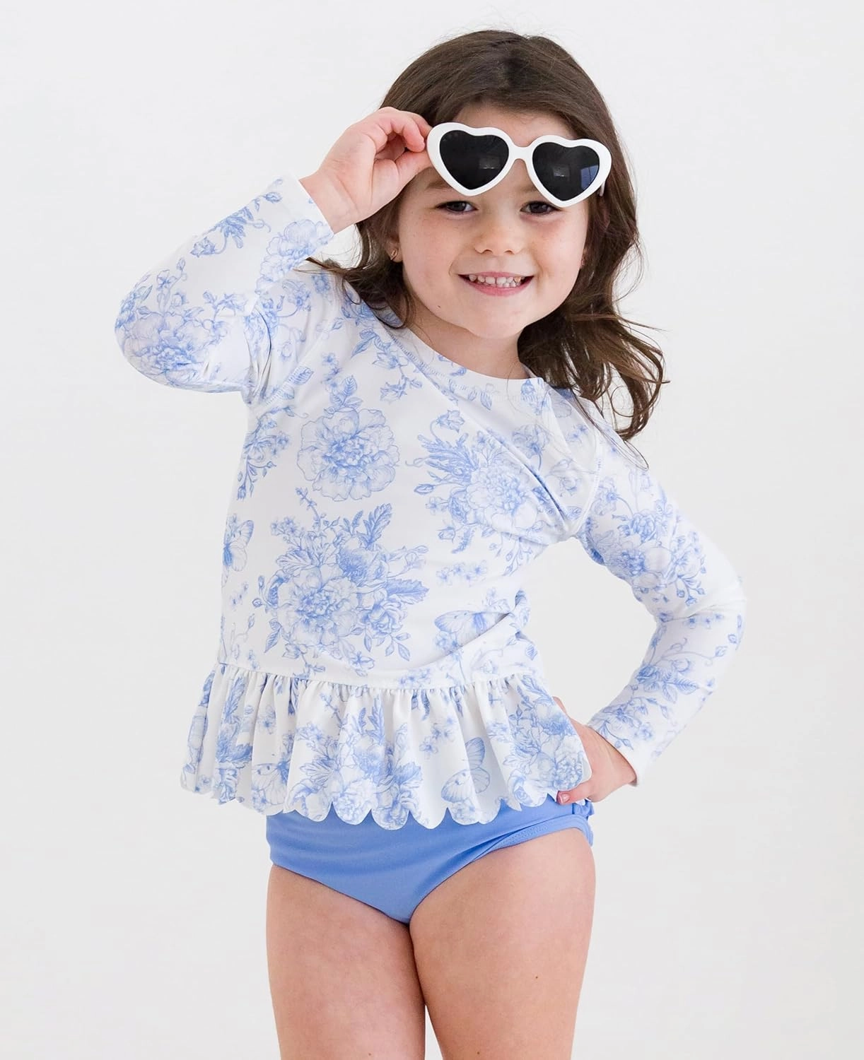 RuffleButts Baby/Toddler Girls Scalloped Long Sleeve Rash Guard 2-Piece UPF50  Sun Protected Swimsuit