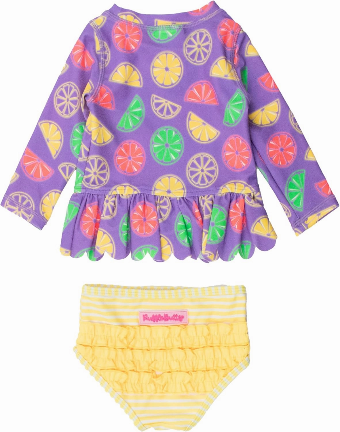 RuffleButts Baby/Toddler Girls Scalloped Long Sleeve Rash Guard 2-Piece UPF50  Sun Protected Swimsuit