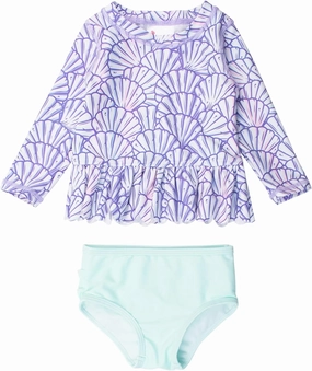 RuffleButts Baby/Toddler Girls Scalloped Long Sleeve Rash Guard 2-Piece UPF50  Sun Protected Swimsuit