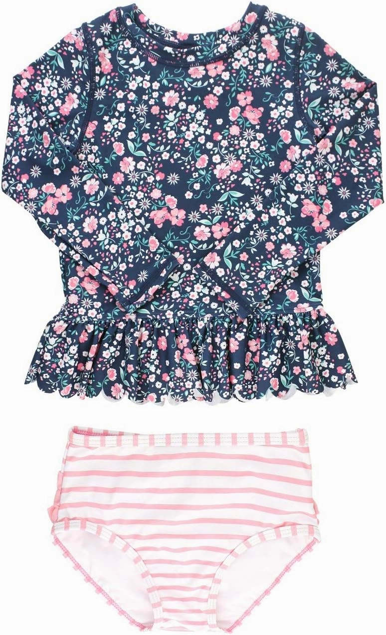 RuffleButts Baby/Toddler Girls Scalloped Long Sleeve Rash Guard 2-Piece UPF50  Sun Protected Swimsuit