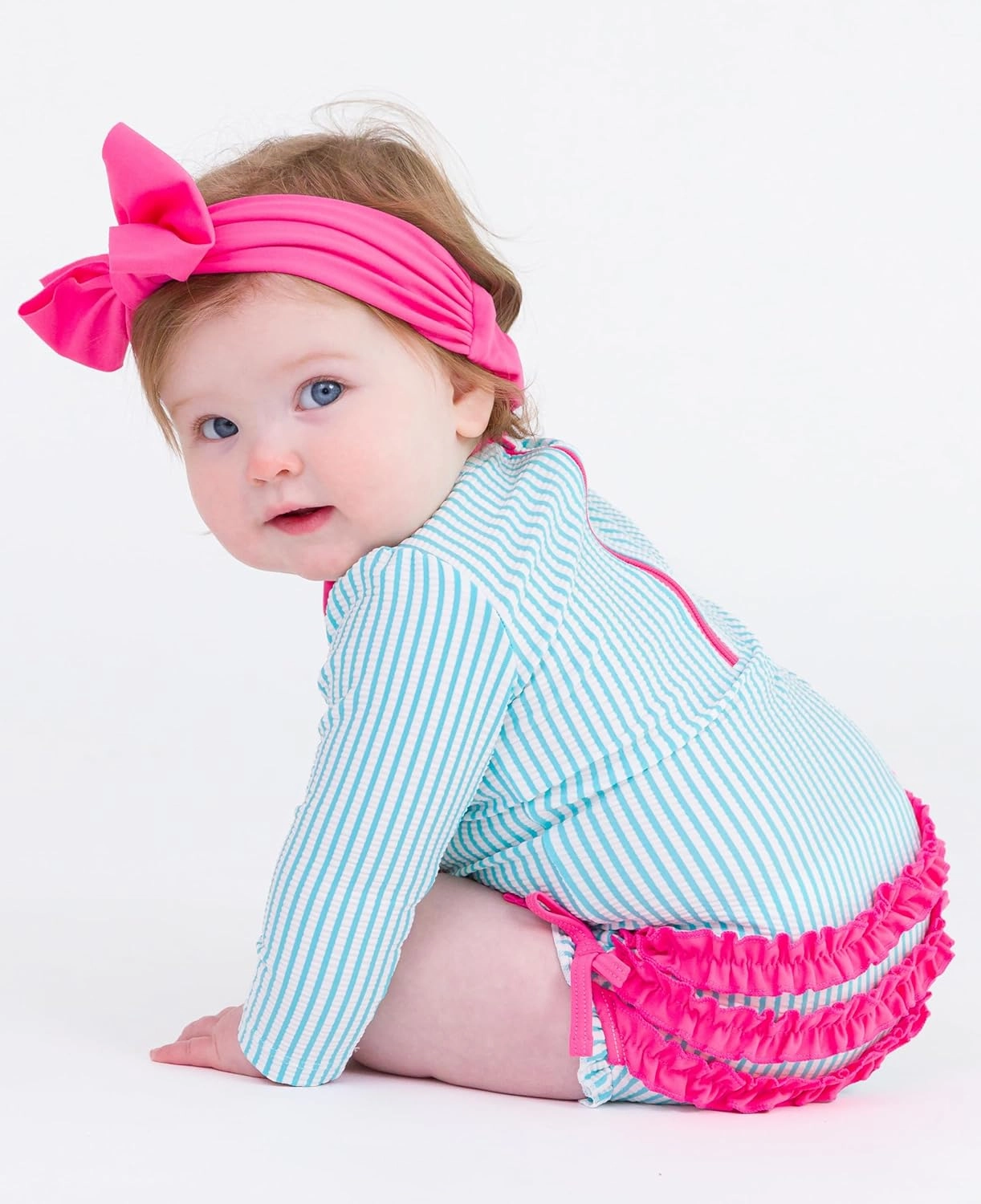 RuffleButts Baby/Toddler Girls Seersucker Long Sleeve One Piece Rash Guard Swimsuit with UPF 50  Sun Protection