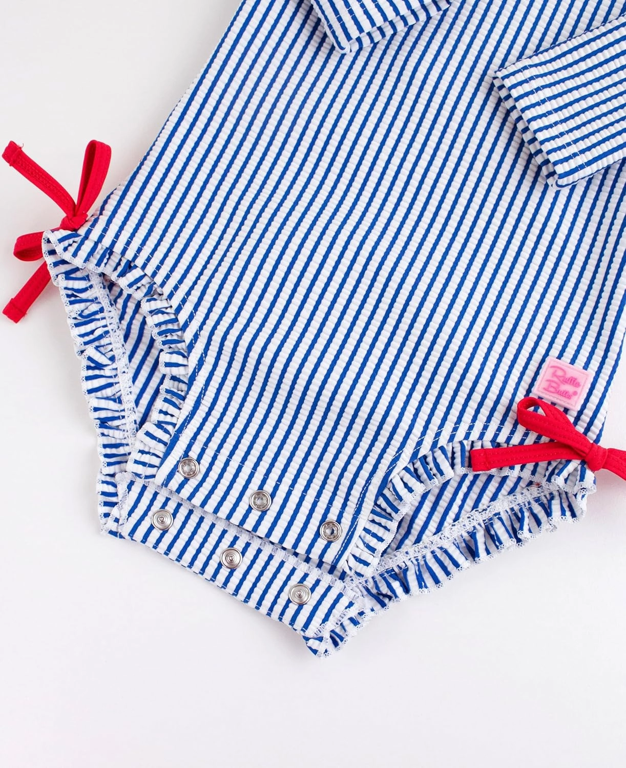 RuffleButts Baby/Toddler Girls Seersucker Long Sleeve One Piece Rash Guard Swimsuit with UPF 50  Sun Protection