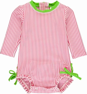 RuffleButts Baby/Toddler Girls Seersucker Long Sleeve One Piece Rash Guard Swimsuit with UPF 50  Sun Protection