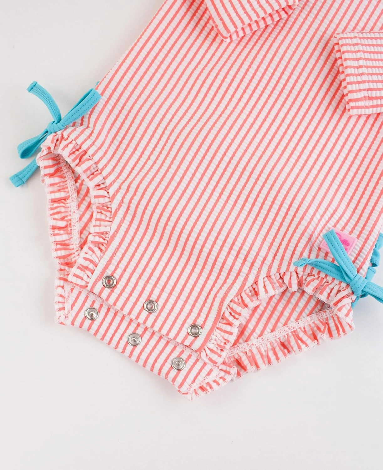 RuffleButts Baby/Toddler Girls Seersucker Long Sleeve One Piece Rash Guard Swimsuit with UPF 50  Sun Protection