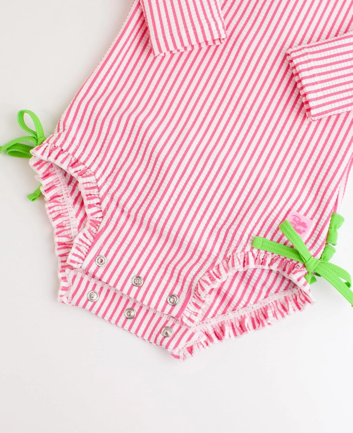 RuffleButts Baby/Toddler Girls Seersucker Long Sleeve One Piece Rash Guard Swimsuit with UPF 50  Sun Protection