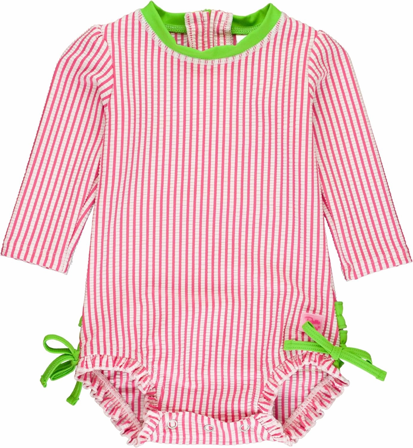 RuffleButts Baby/Toddler Girls Seersucker Long Sleeve One Piece Rash Guard Swimsuit with UPF 50  Sun Protection