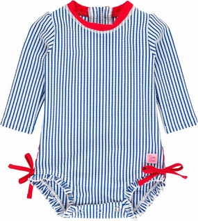 RuffleButts Baby/Toddler Girls Seersucker Long Sleeve One Piece Rash Guard Swimsuit with UPF 50  Sun Protection