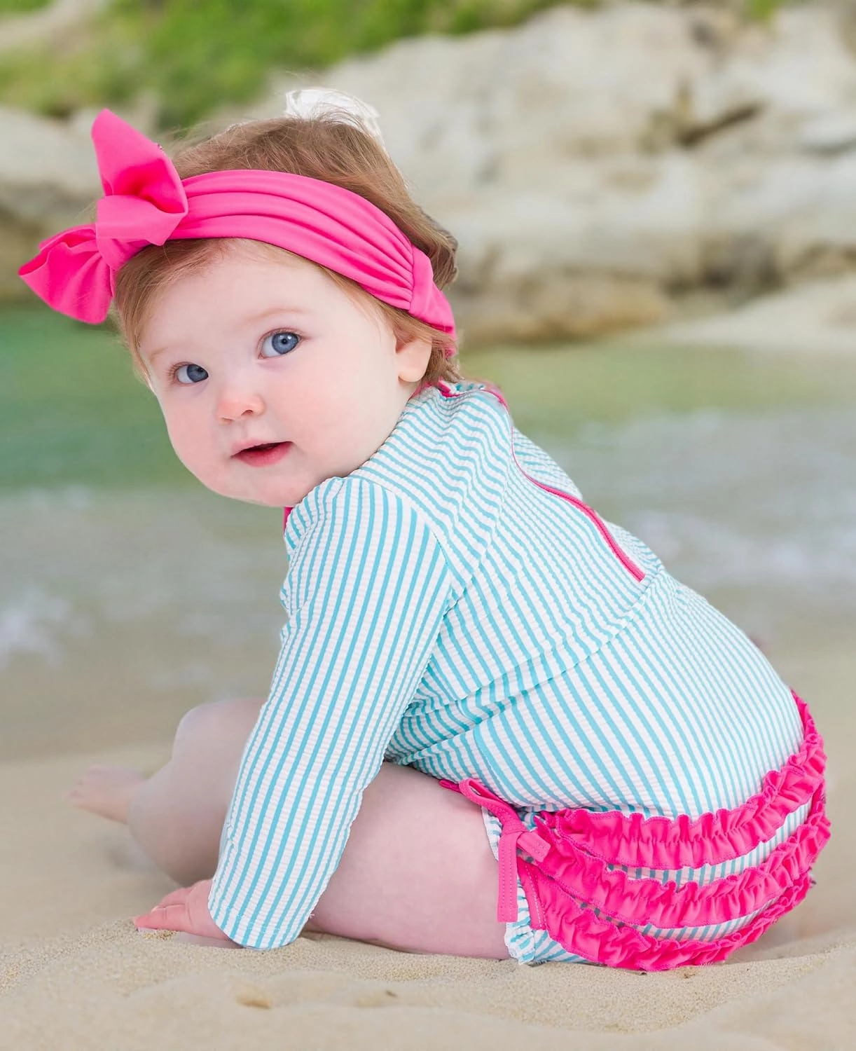 RuffleButts Baby/Toddler Girls Seersucker Long Sleeve One Piece Rash Guard Swimsuit with UPF 50  Sun Protection