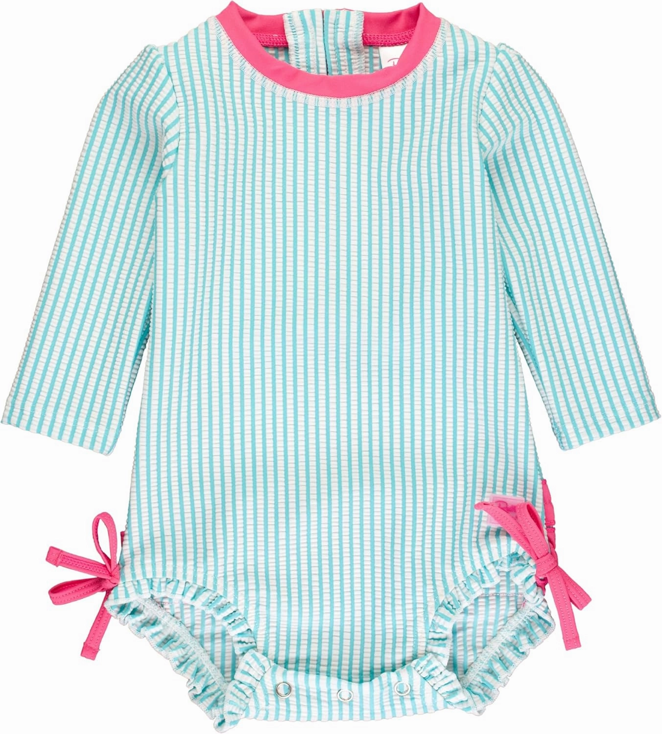 RuffleButts Baby/Toddler Girls Seersucker Long Sleeve One Piece Rash Guard Swimsuit with UPF 50  Sun Protection