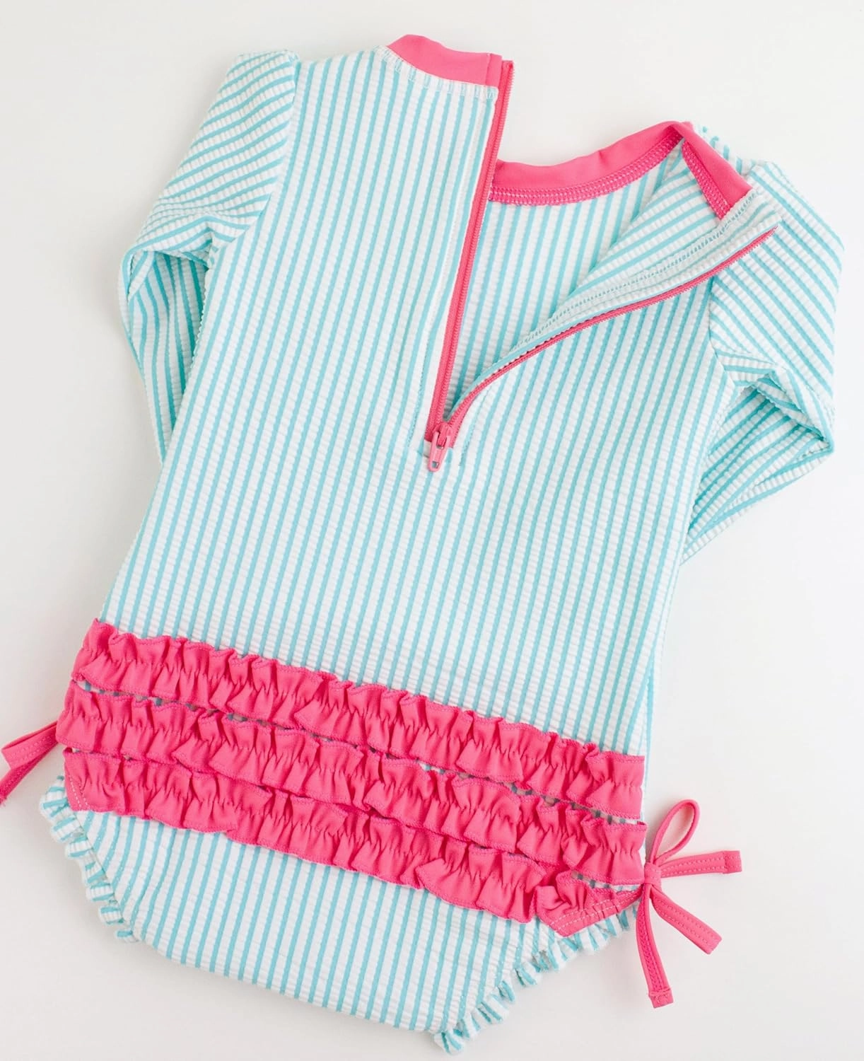 RuffleButts Baby/Toddler Girls Seersucker Long Sleeve One Piece Rash Guard Swimsuit with UPF 50  Sun Protection