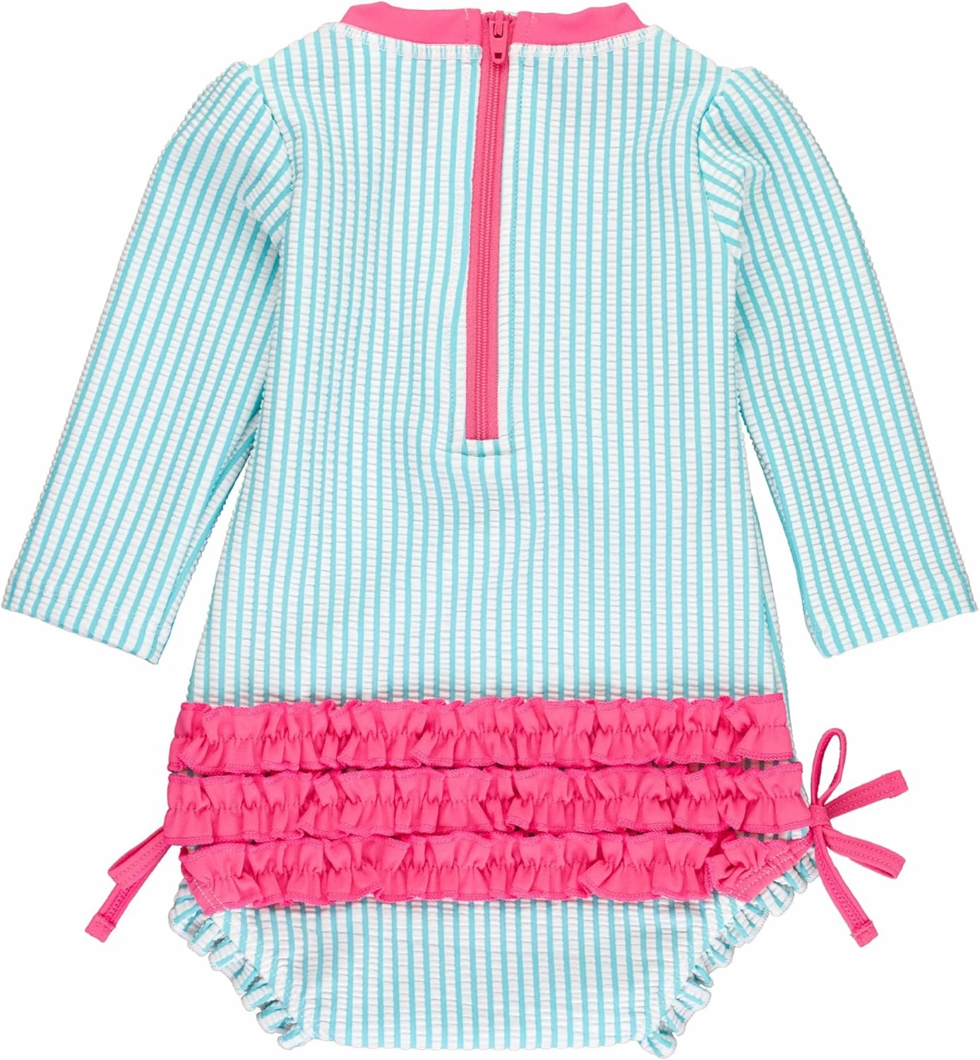 RuffleButts Baby/Toddler Girls Seersucker Long Sleeve One Piece Rash Guard Swimsuit with UPF 50  Sun Protection