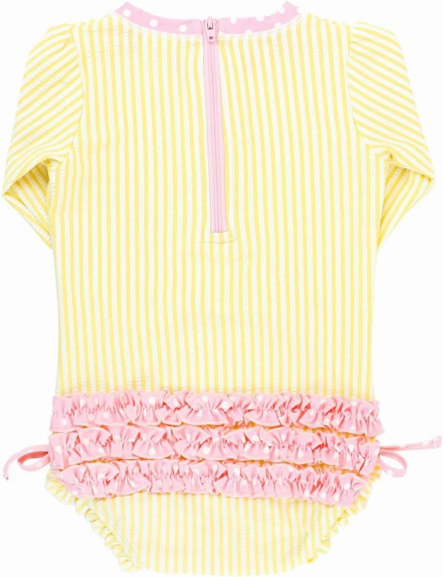 RuffleButts Baby/Toddler Girls Seersucker Long Sleeve One Piece Rash Guard Swimsuit with UPF 50  Sun Protection