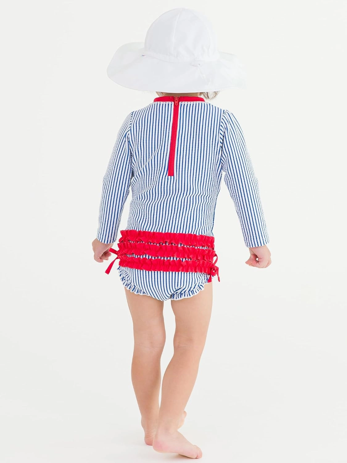 RuffleButts Baby/Toddler Girls Seersucker Long Sleeve One Piece Rash Guard Swimsuit with UPF 50  Sun Protection