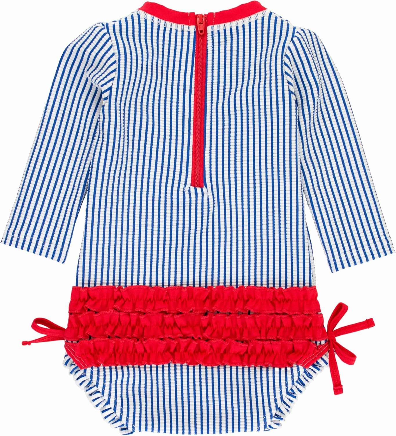 RuffleButts Baby/Toddler Girls Seersucker Long Sleeve One Piece Rash Guard Swimsuit with UPF 50  Sun Protection