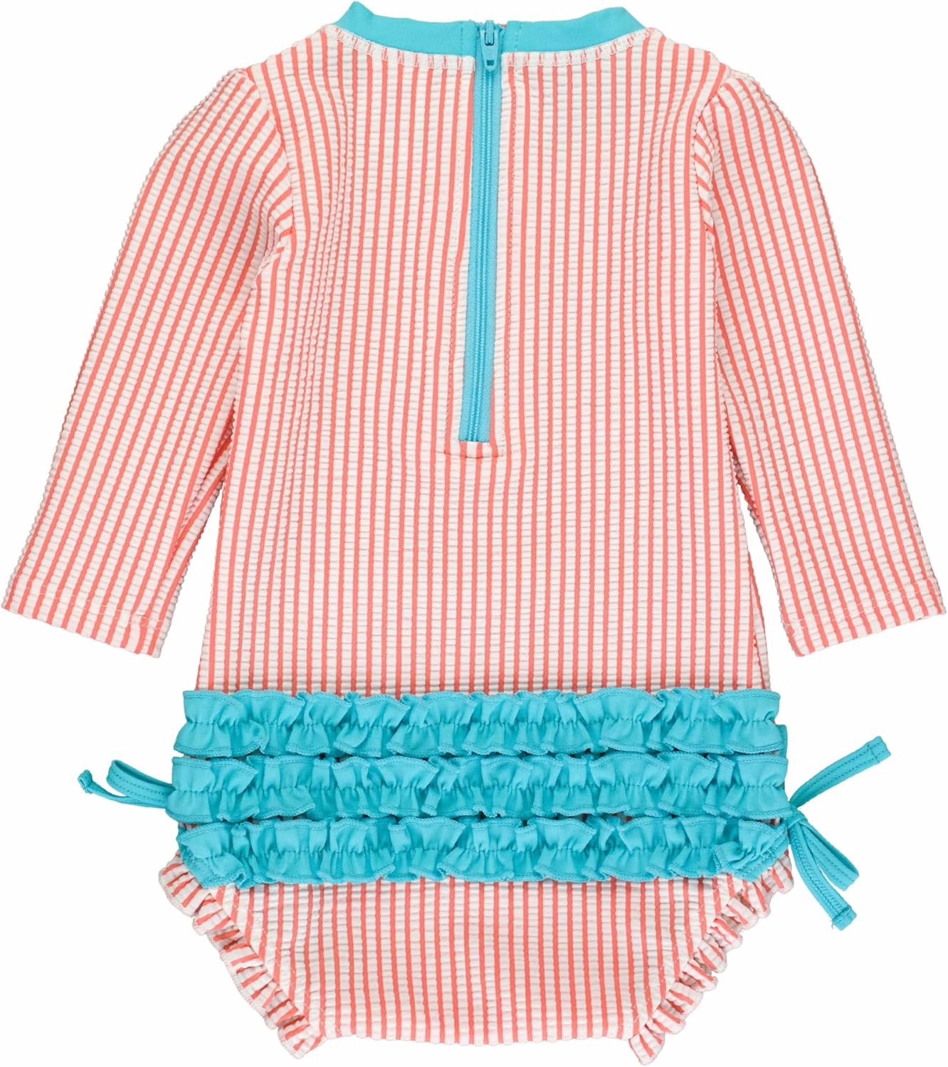 RuffleButts Baby/Toddler Girls Seersucker Long Sleeve One Piece Rash Guard Swimsuit with UPF 50  Sun Protection