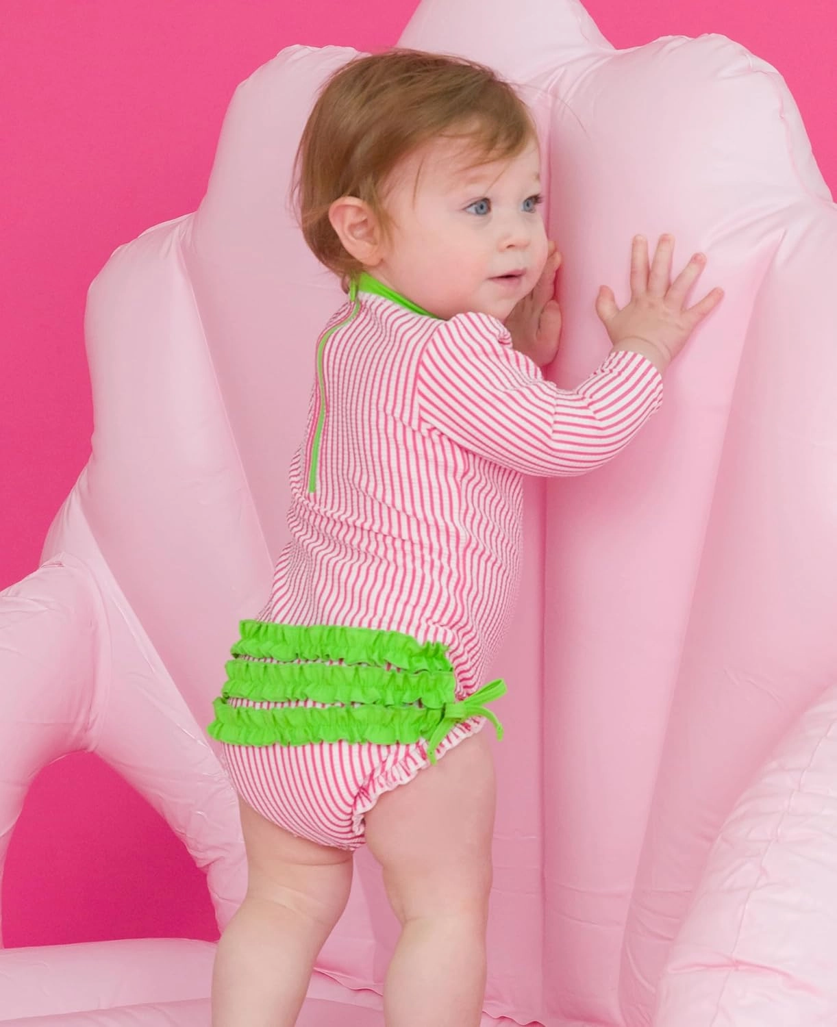 RuffleButts Baby/Toddler Girls Seersucker Long Sleeve One Piece Rash Guard Swimsuit with UPF 50  Sun Protection