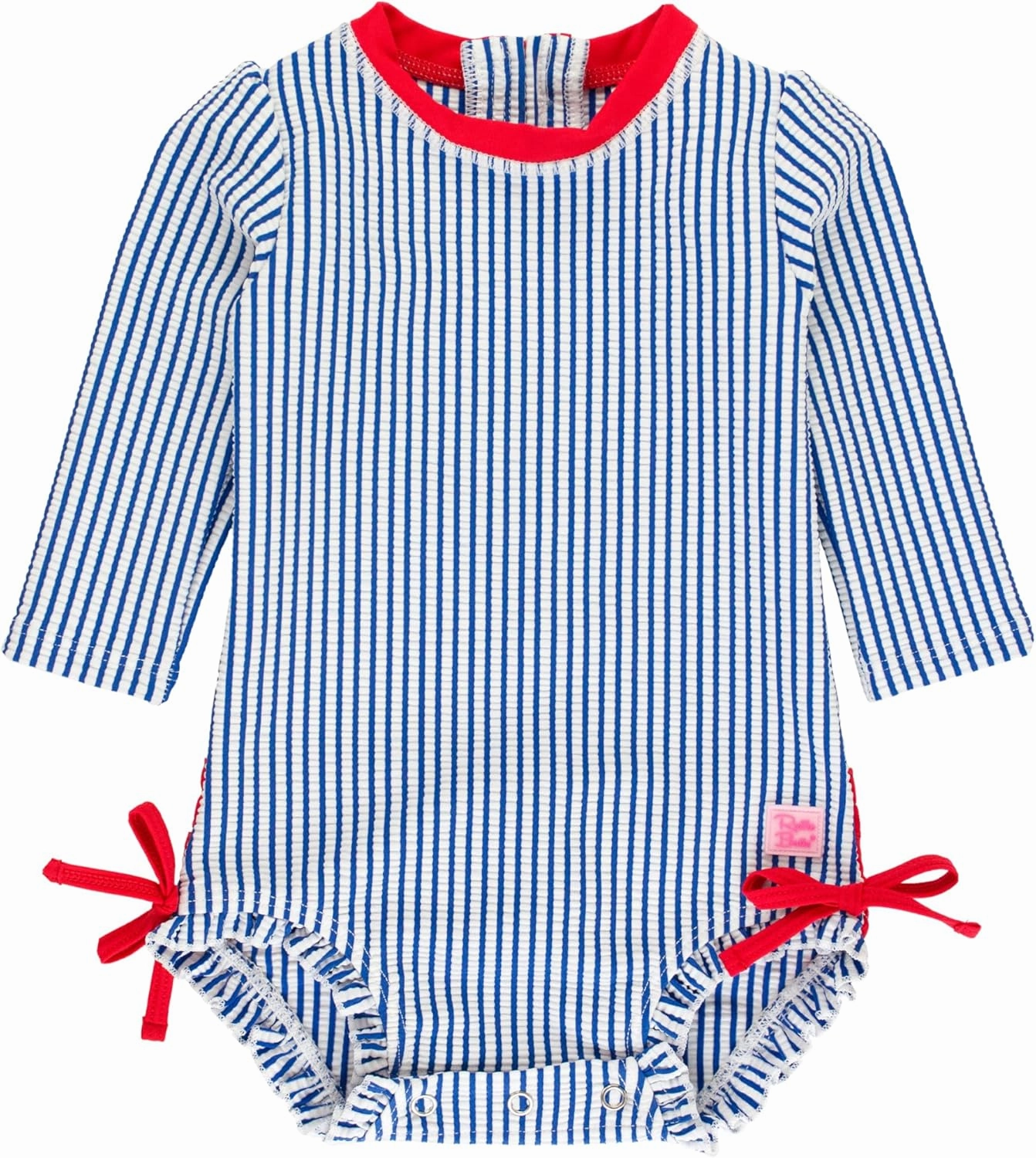 RuffleButts Baby/Toddler Girls Seersucker Long Sleeve One Piece Rash Guard Swimsuit with UPF 50  Sun Protection