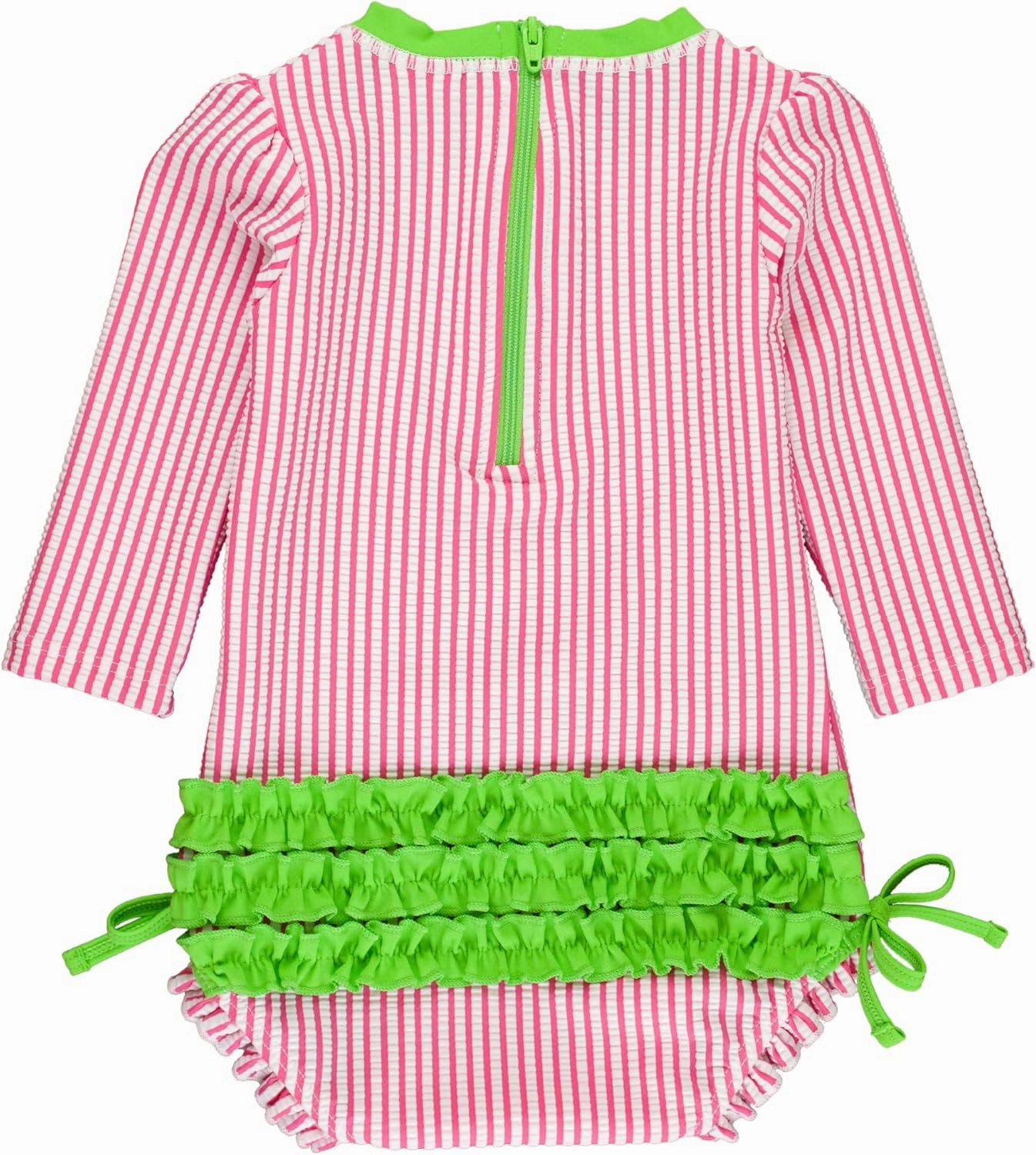 RuffleButts Baby/Toddler Girls Seersucker Long Sleeve One Piece Rash Guard Swimsuit with UPF 50  Sun Protection